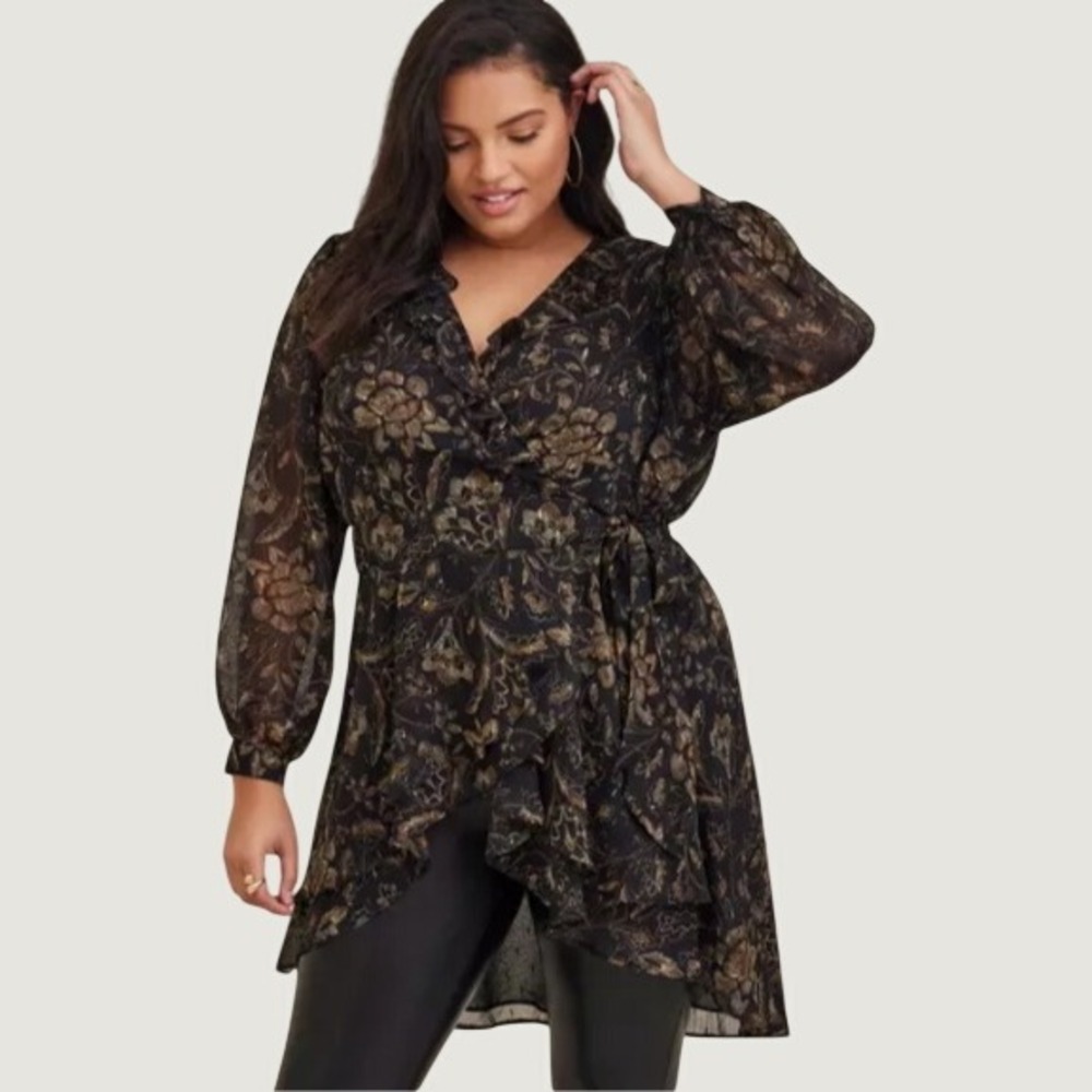 Torrid Chiffon Tie Front High Low Tunic Blouse Womens 3 Black Ruffle Whimsigoth